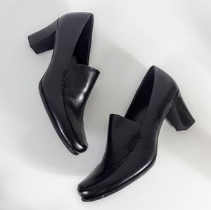 Franco Sarto Black Leather Block High Heel Loafers
